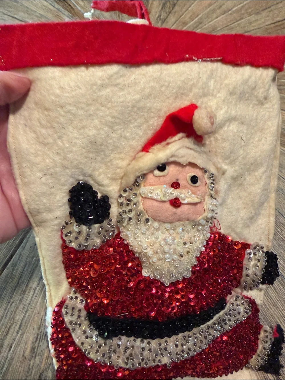1950s Handmade Felt Sequin Santa Christmas Stocking 3D Padded Folk Art MCM